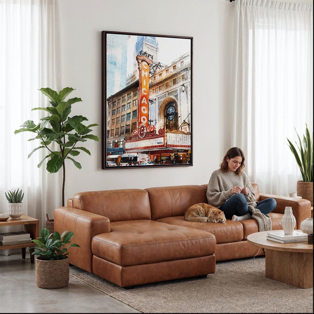 03 - Framed Chicago Theater Canvas Print - Woman Knitting on leather couch - Vertical.jpg 03 - Framed Chicago Theater Canvas Print - Woman Knitting on leather couch - Vertical.jpg