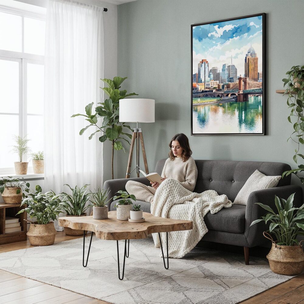 03 - Framed Cincinnati Ohio Watercolor Canvas Print - Woman reading in Boho Living Room - Vertical.jpg 03 - Framed Cincinnati Ohio Watercolor Canvas Print - Woman reading in Boho Living Room - Vertical.jpg