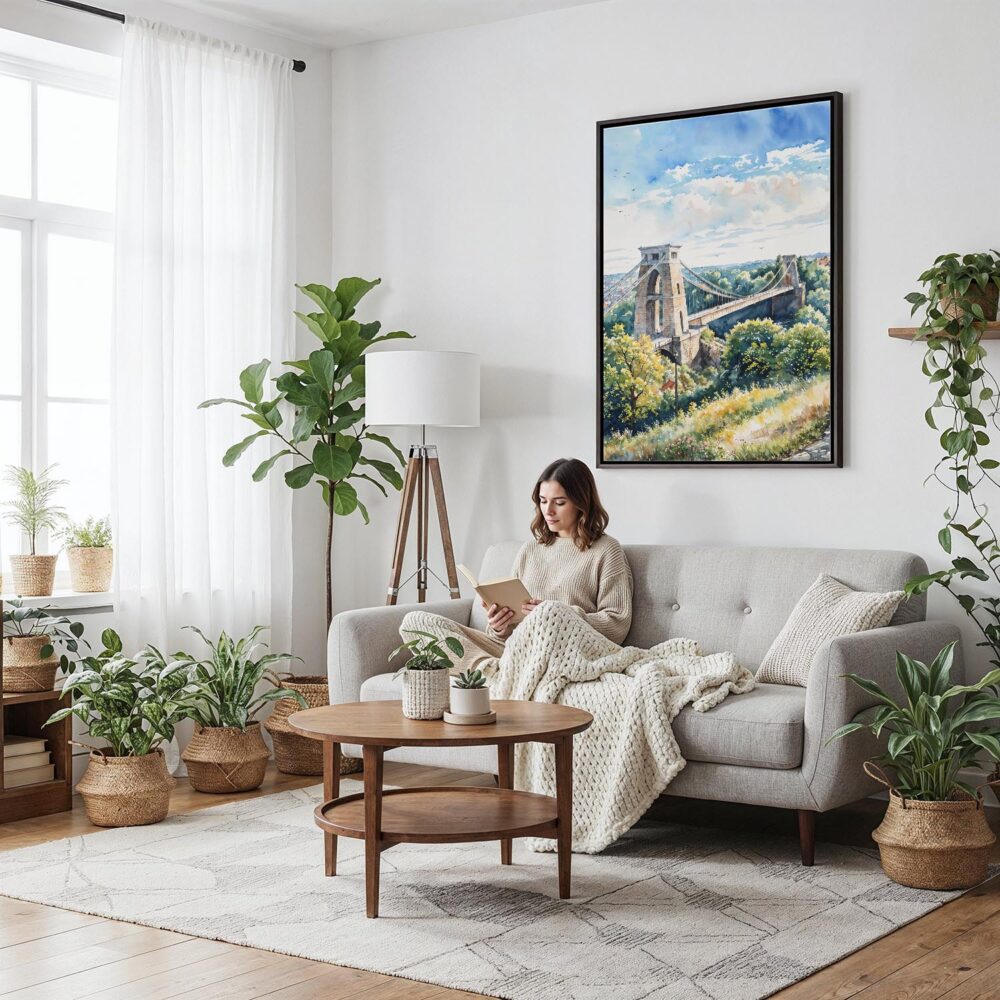 03 - Framed Clifton Bridge Bristol Watercolor Canvas Print - Woman reading on couch - Vertical.jpg 03 - Framed Clifton Bridge Bristol Watercolor Canvas Print - Woman reading on couch - Vertical.jpg