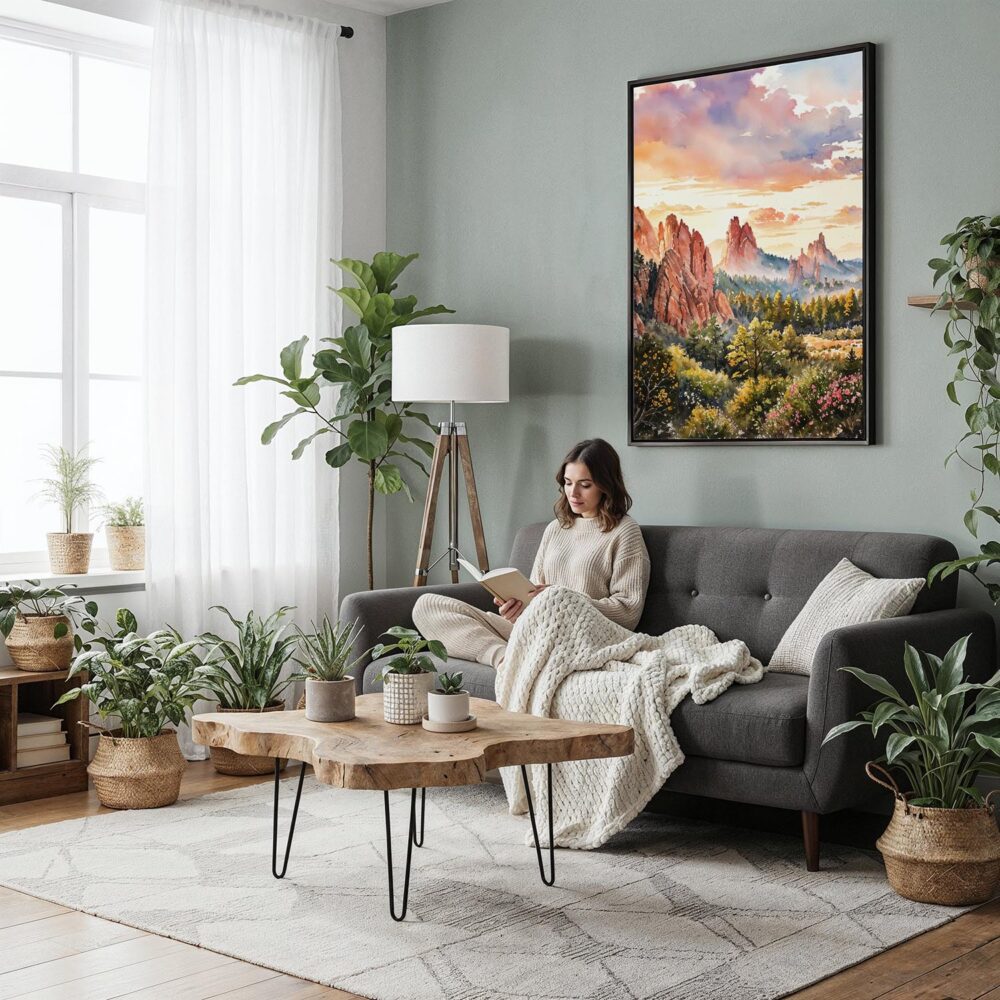 03 - Framed Colorado Springs Watercolor Canvas Print - Woman reading in Boho Living Room - Vertical.jpg 03 - Framed Colorado Springs Watercolor Canvas Print - Woman reading in Boho Living Room - Vertical.jpg