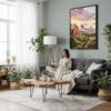 03 - Framed Colorado Springs Watercolor Canvas Print - Woman reading in Boho Living Room - Vertical.jpg