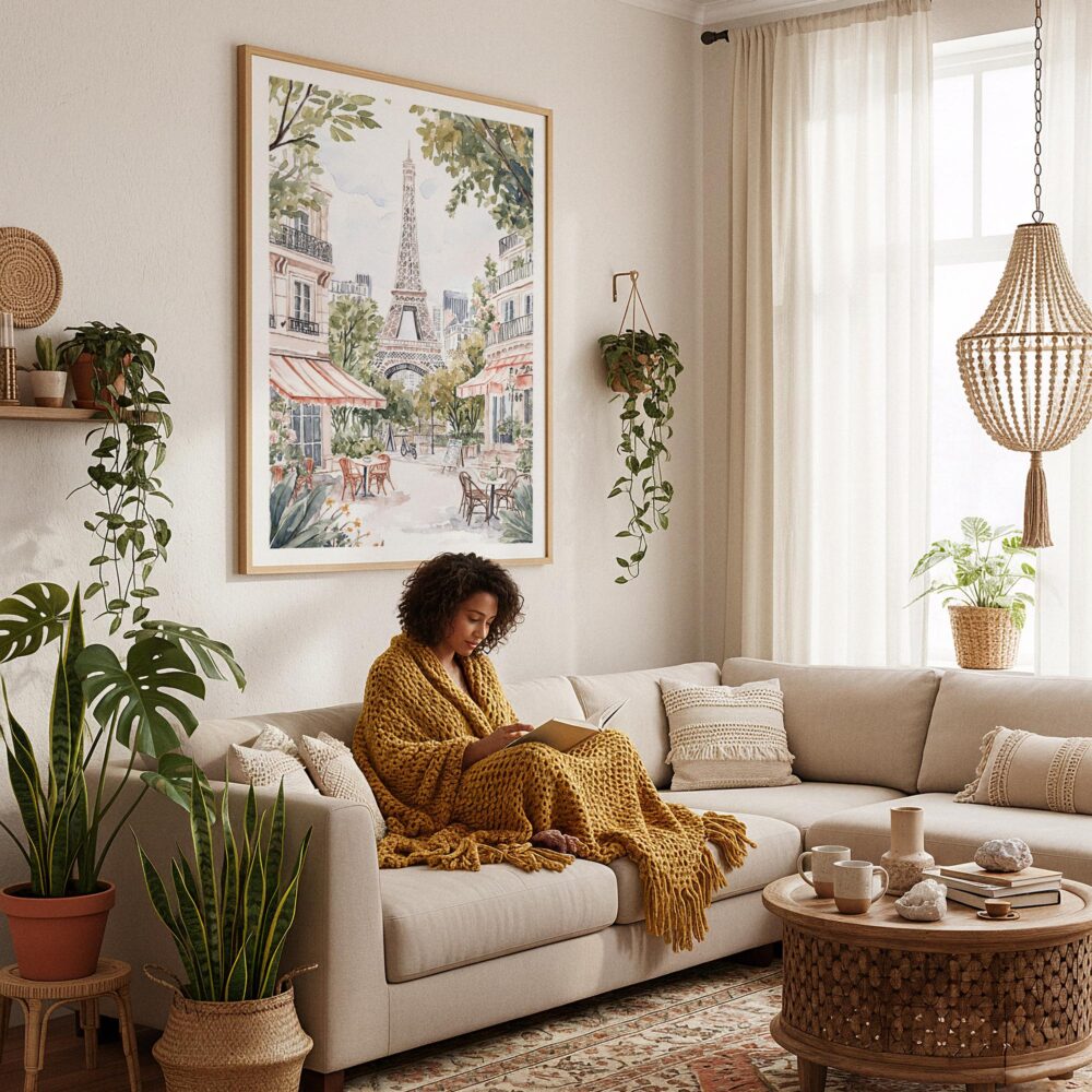 03 - Framed Cozy Paris Cafe Streetscene with Eiffel Tower Watercolor@2x Art Print - In Bohi Living Room with Woman reading - Vertical.jpg 03 - Framed Cozy Paris Cafe Streetscene with Eiffel Tower Watercolor@2x Art Print - In Bohi Living Room with Woman reading - Vertical.jpg