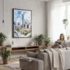 03 - Framed Dallas Texas Watercolor Canvas Print - Woman reading in modern Living Room - Vertical.jpg