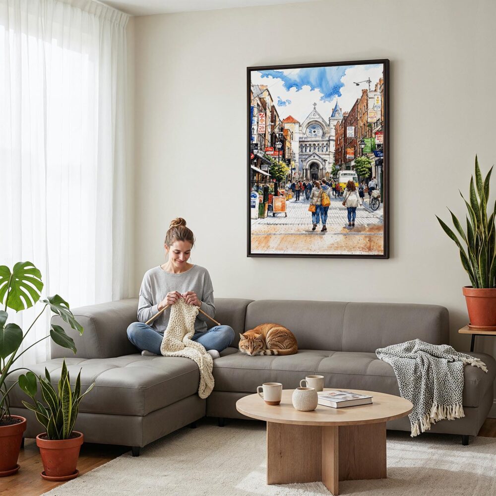 03 - Framed Dublin Ireland Watercolor Canvas Print - Woman Knitting on grey couch - Vertical.jpg 03 - Framed Dublin Ireland Watercolor Canvas Print - Woman Knitting on grey couch - Vertical.jpg