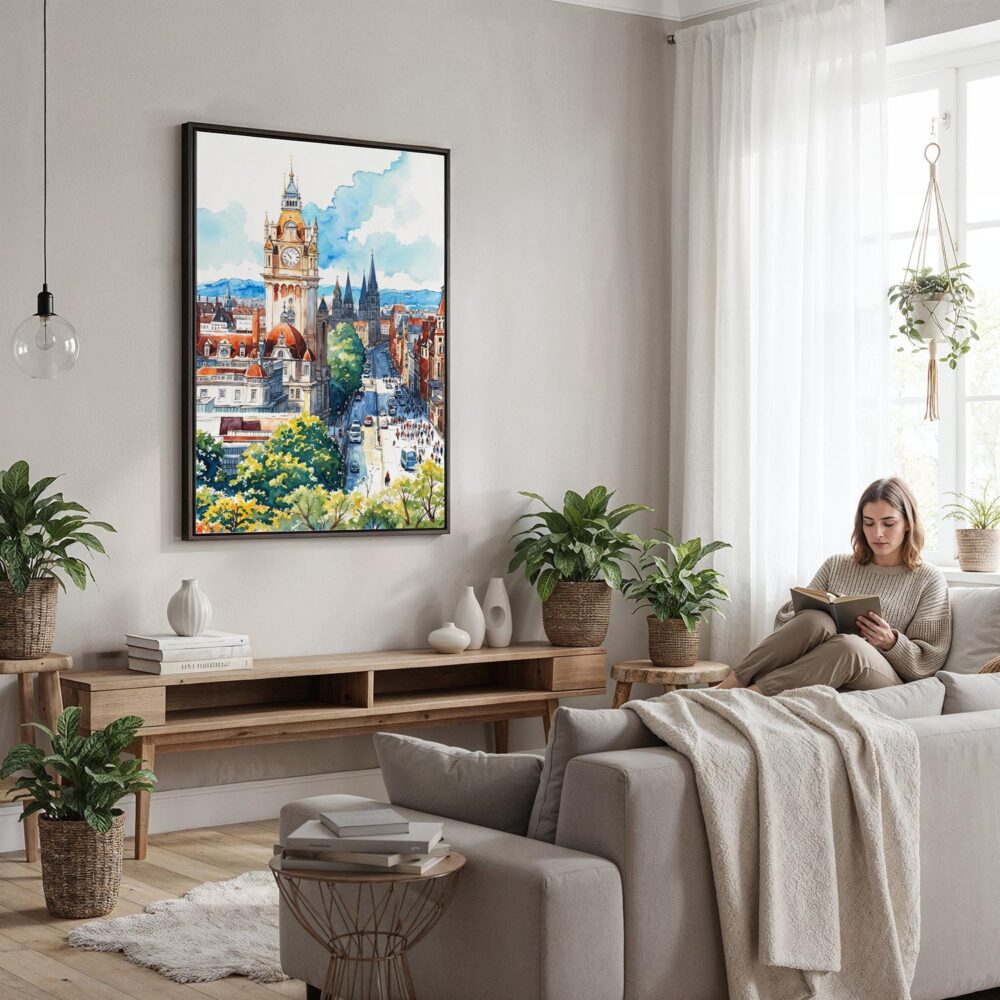 03 - Framed Edinburgh Skyline Watercolor Canvas Print - Woman reading in modern Living Room - Vertical.jpg 03 - Framed Edinburgh Skyline Watercolor Canvas Print - Woman reading in modern Living Room - Vertical.jpg