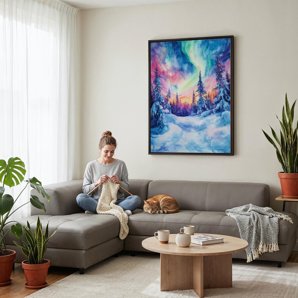 03 - Framed Fairbanks Northern Lights watercolor Canvas Print - Woman Knitting on grey couch - Vertical.jpg 03 - Framed Fairbanks Northern Lights watercolor Canvas Print - Woman Knitting on grey couch - Vertical.jpg