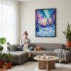 03 - Framed Fairbanks Northern Lights watercolor Canvas Print - Woman Knitting on grey couch - Vertical.jpg