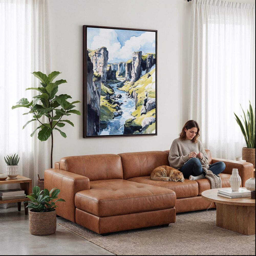 03 - Framed Fjadrargljufur Canyon Watercolor Canvas Print - Woman Knitting on leather couch - Vertical.jpg 03 - Framed Fjadrargljufur Canyon Watercolor Canvas Print - Woman Knitting on leather couch - Vertical.jpg
