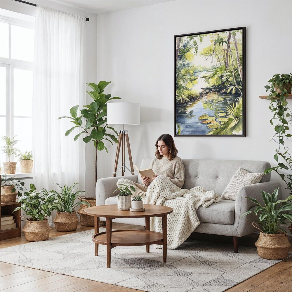 03 - Framed Floride Everglades Watercolor 2 Canvas Print - Woman reading on couch - Vertical.jpg 03 - Framed Floride Everglades Watercolor 2 Canvas Print - Woman reading on couch - Vertical.jpg