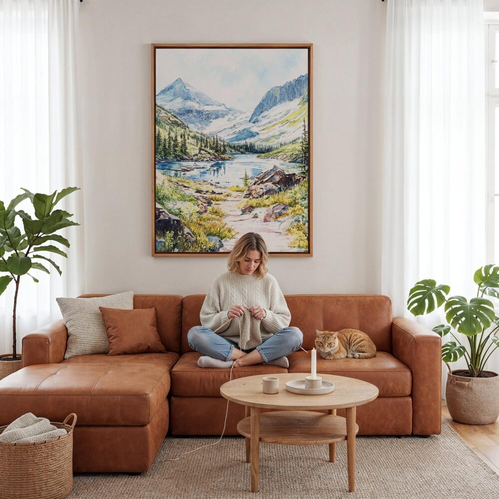 03 - Framed Glacier National Park Watercolor Canvas Print - Woman Knitting - Vertical.jpg 03 - Framed Glacier National Park Watercolor Canvas Print - Woman Knitting - Vertical.jpg