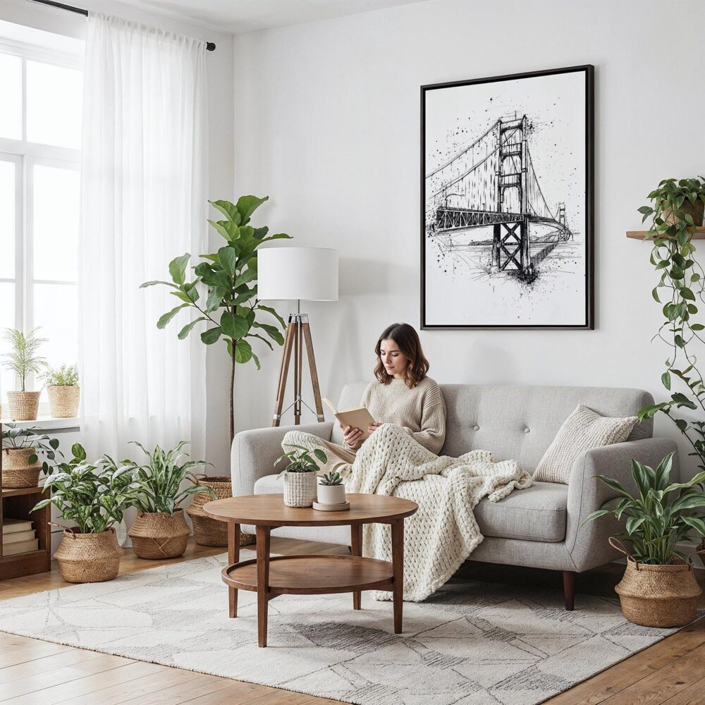 03 - Framed Golden Gate Bridge - Pencil Drawing Canvas Print - Woman reading on couch - Vertical.jpg 03 - Framed Golden Gate Bridge - Pencil Drawing Canvas Print - Woman reading on couch - Vertical.jpg