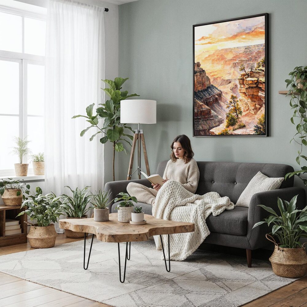 03 - Framed Grand Canyon - Watercolor Canvas Print - Woman reading in Boho Living Room - Vertical.jpg 03 - Framed Grand Canyon - Watercolor Canvas Print - Woman reading in Boho Living Room - Vertical.jpg
