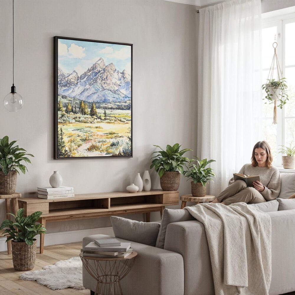 03 - Framed Grand Teton Watercolor Canvas Print - Woman reading in modern Living Room - Vertical.jpg 03 - Framed Grand Teton Watercolor Canvas Print - Woman reading in modern Living Room - Vertical.jpg