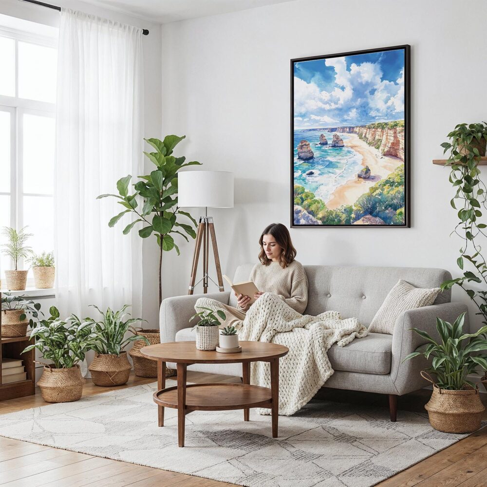 03 - Framed Great Ocean Road Australia Watercolor Canvas Print - Woman reading on couch - Vertical.jpg 03 - Framed Great Ocean Road Australia Watercolor Canvas Print - Woman reading on couch - Vertical.jpg