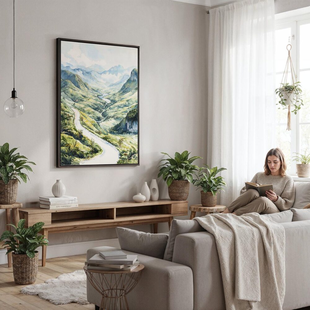 03 - Framed Ha Giang Vietnam Watercolor Canvas Print - Woman reading in modern Living Room - Vertical.jpg 03 - Framed Ha Giang Vietnam Watercolor Canvas Print - Woman reading in modern Living Room - Vertical.jpg
