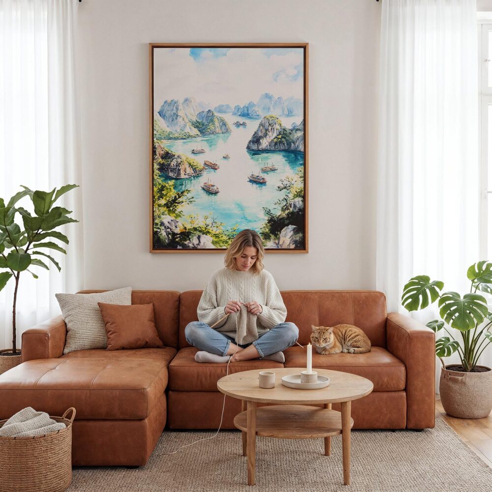 03 - Framed Ha Long Bay Vietnam Watercolor Canvas Print - Woman Knitting - Vertical.jpg 03 - Framed Ha Long Bay Vietnam Watercolor Canvas Print - Woman Knitting - Vertical.jpg