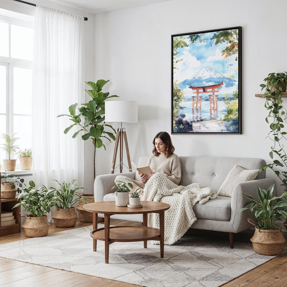 03 - Framed Hakone Gate Watercolor Canvas Print - Woman reading on couch - Vertical.jpg 03 - Framed Hakone Gate Watercolor Canvas Print - Woman reading on couch - Vertical.jpg