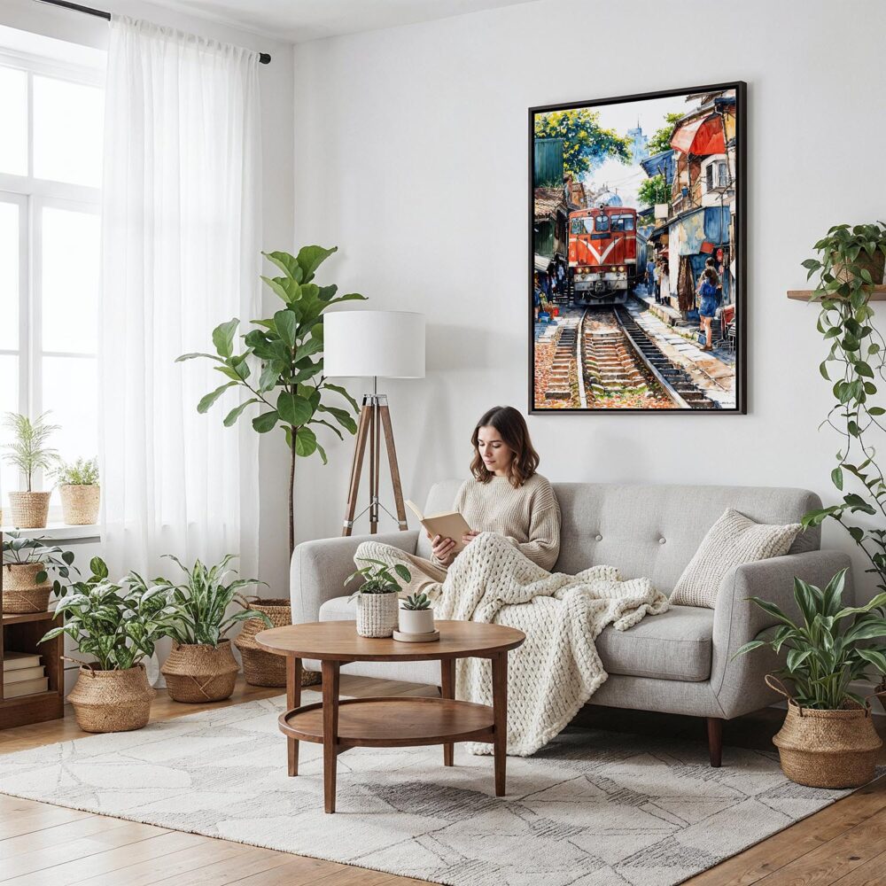 03 - Framed Hanoi Train Street Vietnam Watercolor Canvas Print - Woman reading on couch - Vertical.jpg 03 - Framed Hanoi Train Street Vietnam Watercolor Canvas Print - Woman reading on couch - Vertical.jpg