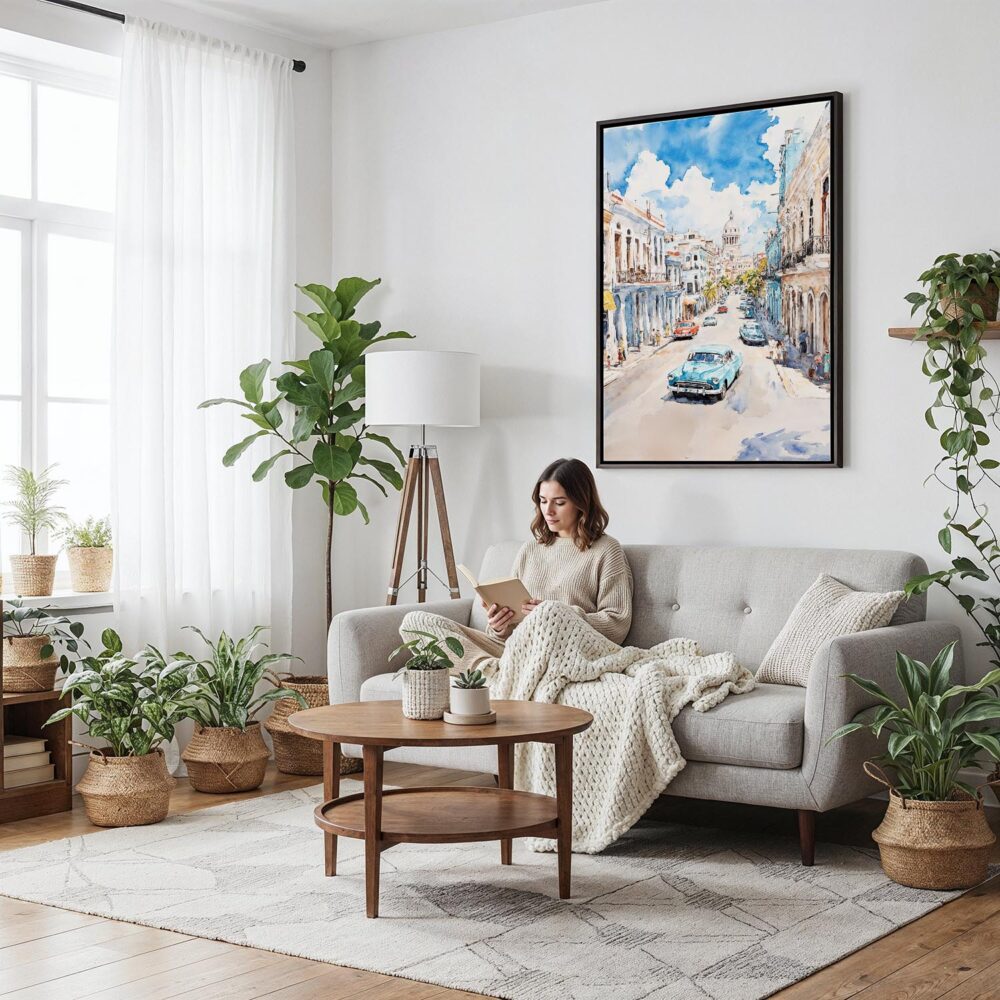 03 - Framed Havana Cuba Watercolor Canvas Print - Woman reading on couch - Vertical.jpg 03 - Framed Havana Cuba Watercolor Canvas Print - Woman reading on couch - Vertical.jpg