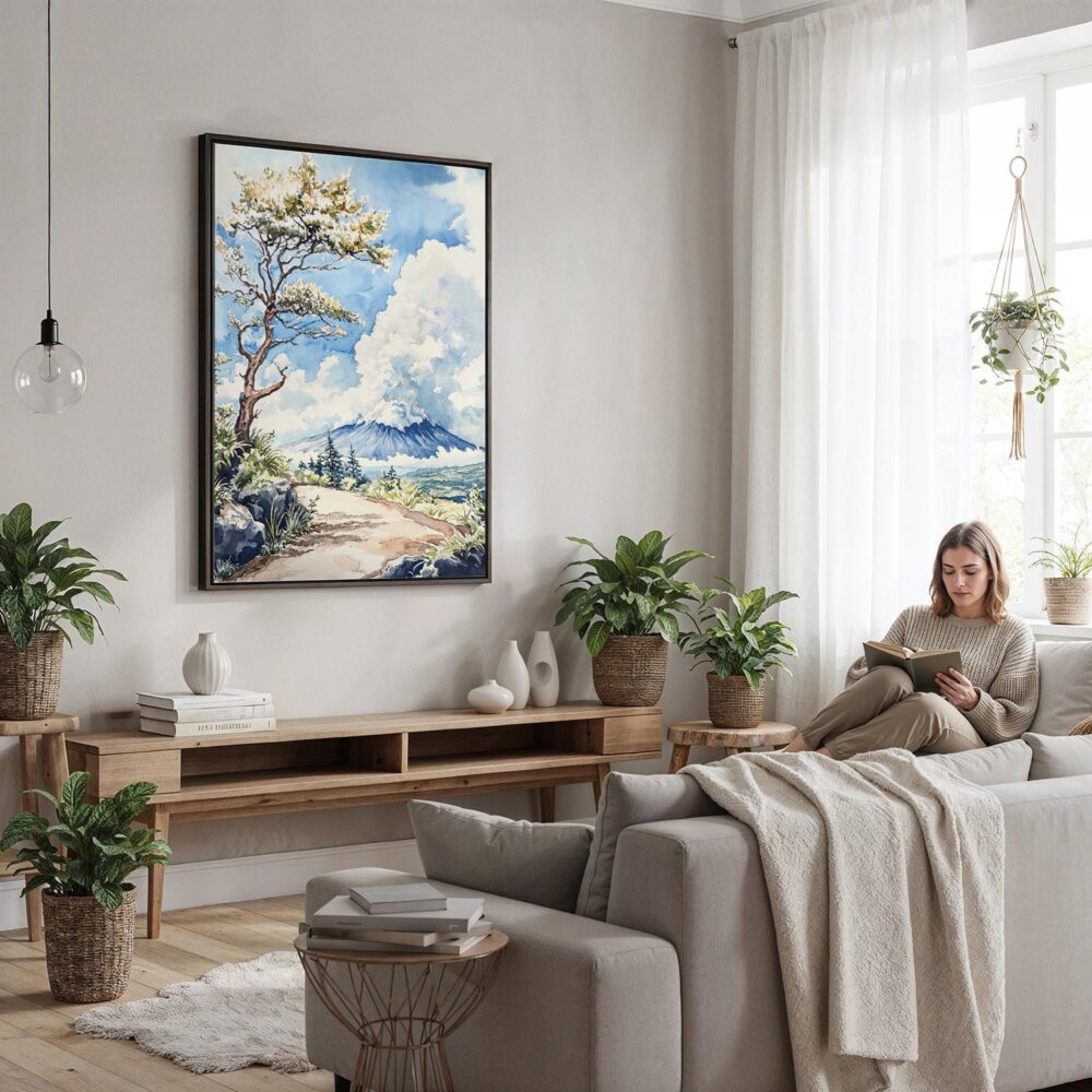 03 - Framed Hawaii Volcanoes National Park Watercolor Canvas Print - Woman reading in modern Living Room - Vertical.jpg 03 - Framed Hawaii Volcanoes National Park Watercolor Canvas Print - Woman reading in modern Living Room - Vertical.jpg