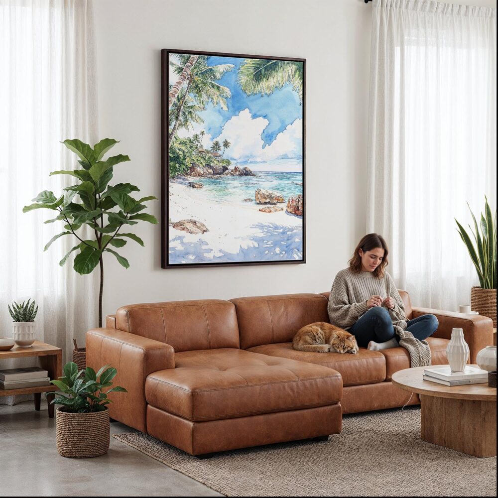 03 - Framed Hawaii - Watercolor Canvas Print - Woman Knitting on leather couch - Vertical.jpg 03 - Framed Hawaii - Watercolor Canvas Print - Woman Knitting on leather couch - Vertical.jpg