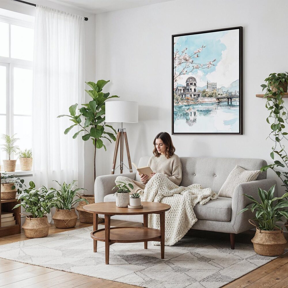 03 - Framed Hiroshima - Watercolor Canvas Print - Woman reading on couch - Vertical.jpg 03 - Framed Hiroshima - Watercolor Canvas Print - Woman reading on couch - Vertical.jpg