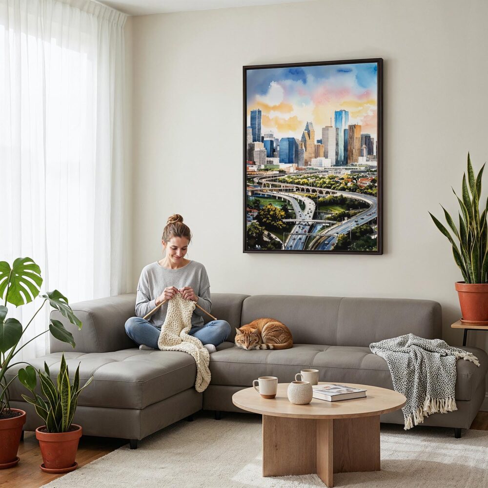 03 - Framed Houston Texas Watercolor Canvas Print - Woman Knitting on grey couch - Vertical.jpg 03 - Framed Houston Texas Watercolor Canvas Print - Woman Knitting on grey couch - Vertical.jpg