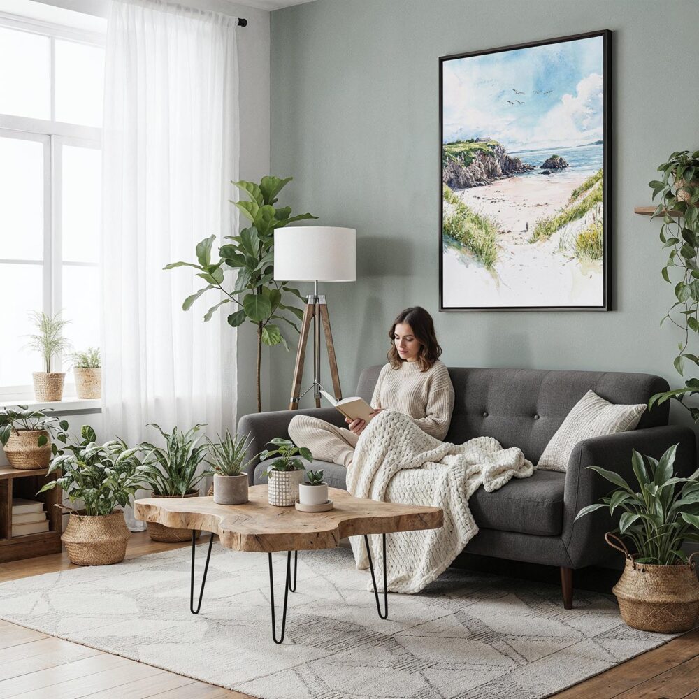 03 - Framed Ireland - Inishowen - Watercolor Canvas Print - Woman reading in Boho Living Room - Vertical.jpg 03 - Framed Ireland - Inishowen - Watercolor Canvas Print - Woman reading in Boho Living Room - Vertical.jpg