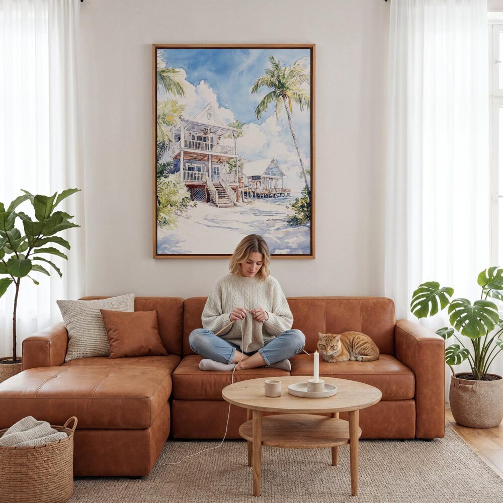 03 - Framed Key West Beach House - Watercolor Canvas Print - Woman Knitting - Vertical.jpg 03 - Framed Key West Beach House - Watercolor Canvas Print - Woman Knitting - Vertical.jpg