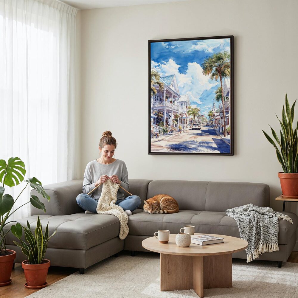 03 - Framed Key West - Duval street - Watercolor Canvas Print - Woman Knitting on grey couch - Vertical.jpg 03 - Framed Key West - Duval street - Watercolor Canvas Print - Woman Knitting on grey couch - Vertical.jpg