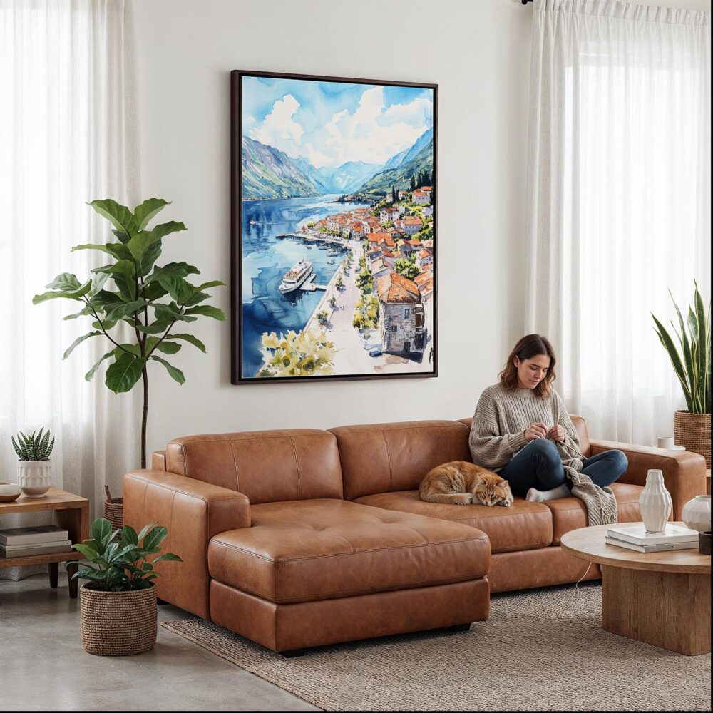 03 - Framed Kontor Montenegro Watercolor Canvas Print - Woman Knitting on leather couch - Vertical.jpg 03 - Framed Kontor Montenegro Watercolor Canvas Print - Woman Knitting on leather couch - Vertical.jpg