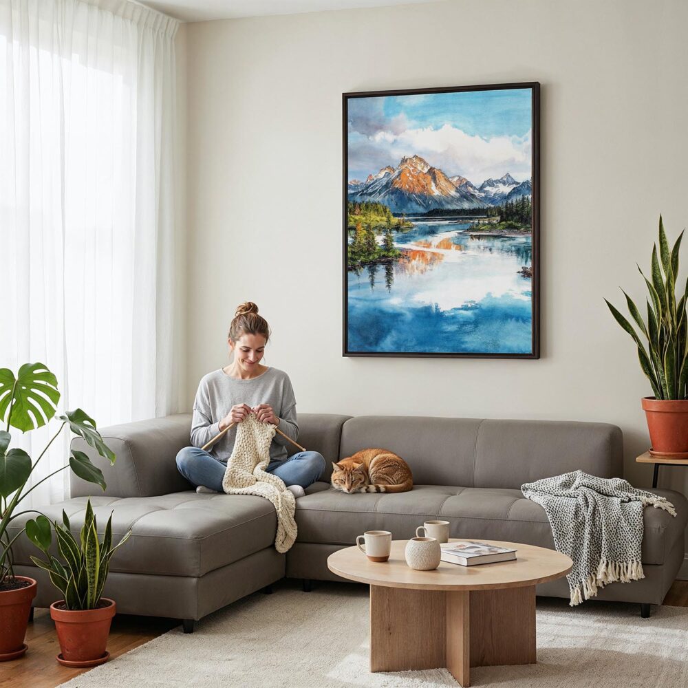 03 - Framed Lake Clark National Park Watercolor Canvas Print - Woman Knitting on grey couch - Vertical.jpg 03 - Framed Lake Clark National Park Watercolor Canvas Print - Woman Knitting on grey couch - Vertical.jpg