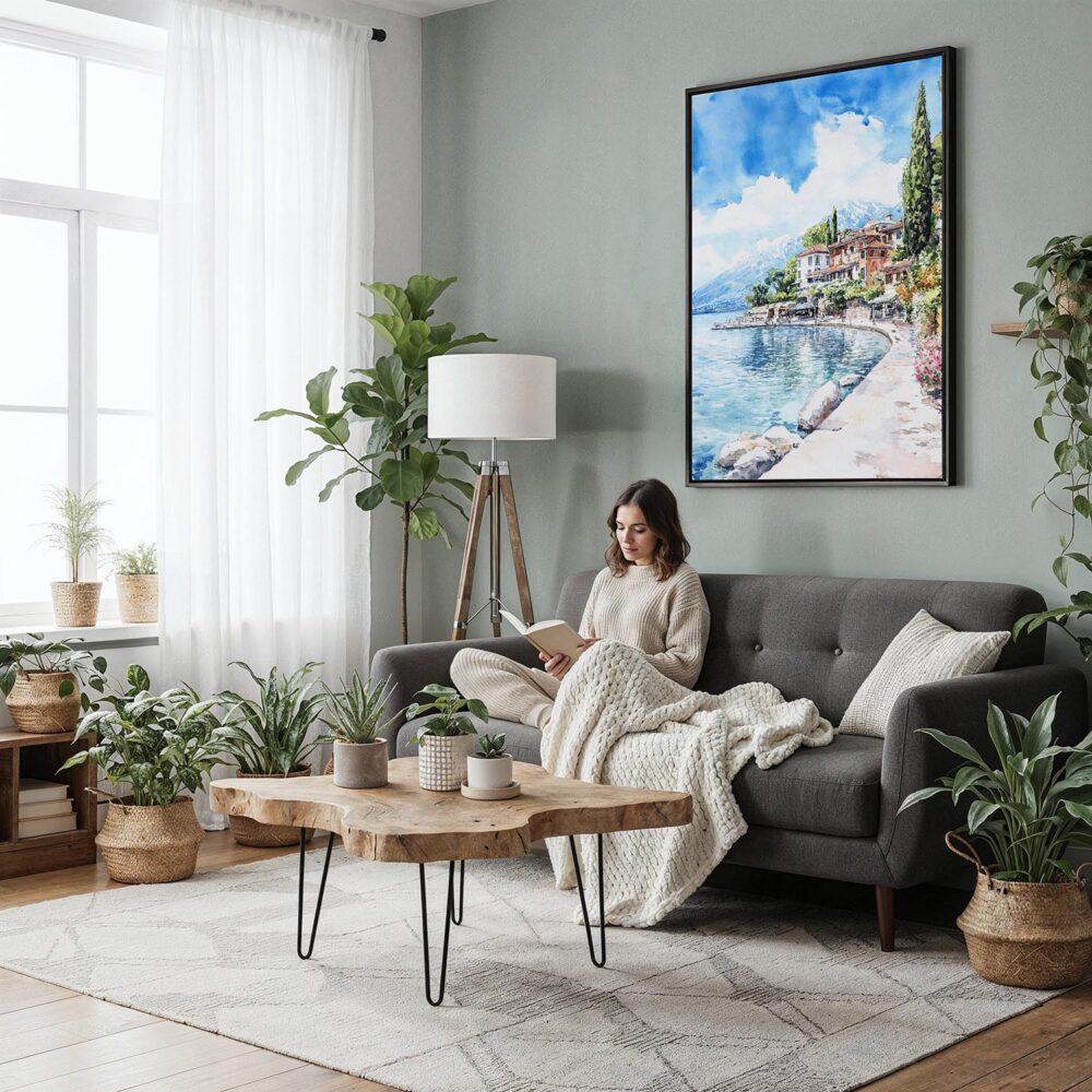 03 - Framed Lake Garda Italy Watercolor Canvas Print - Woman reading in Boho Living Room - Vertical.jpg 03 - Framed Lake Garda Italy Watercolor Canvas Print - Woman reading in Boho Living Room - Vertical.jpg