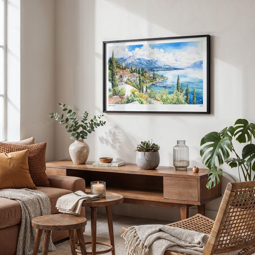 03 - Framed Lake Garda in Italy Watercolor - Horizontal Art Print in Boho Living Room.jpg 03 - Framed Lake Garda in Italy Watercolor - Horizontal Art Print in Boho Living Room.jpg