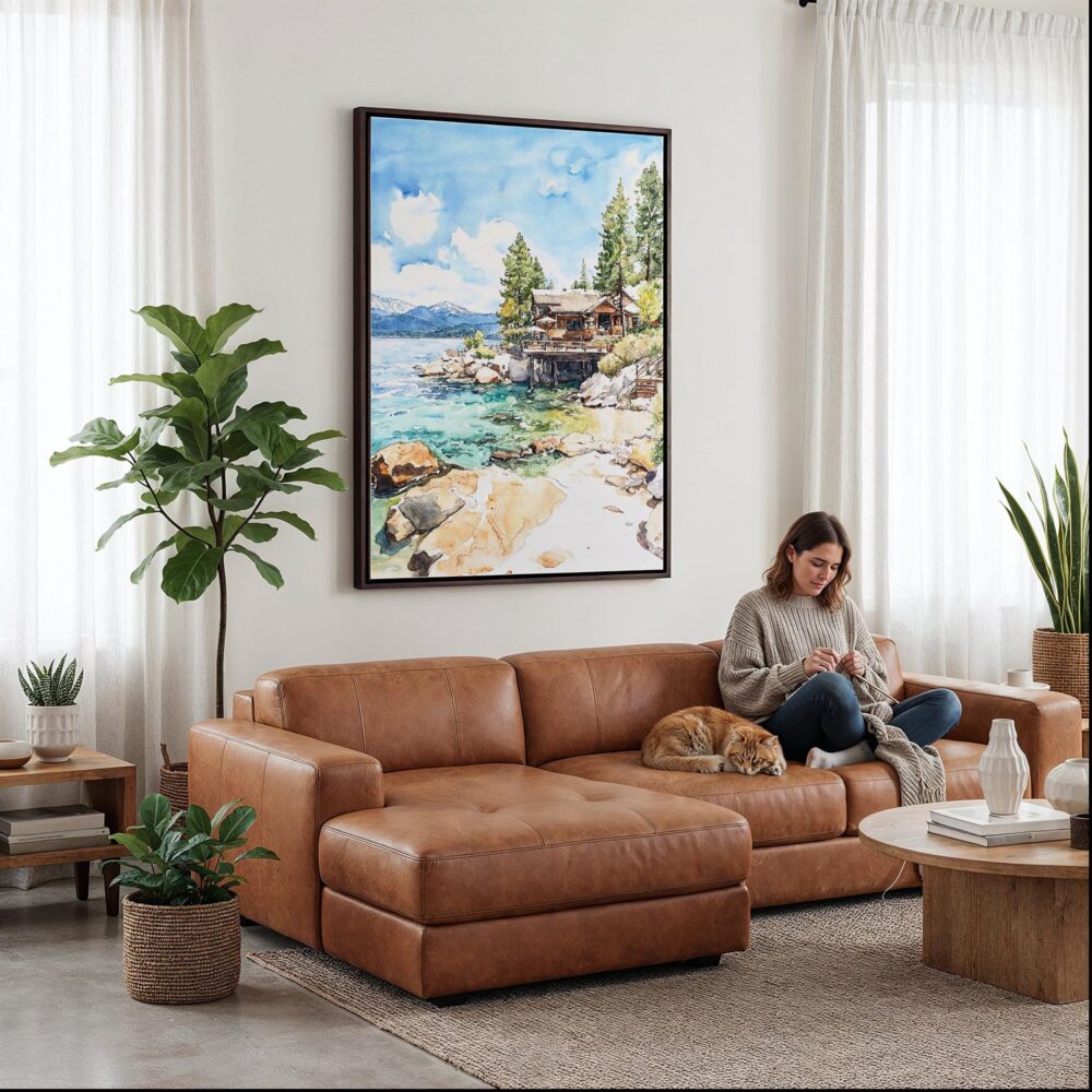 03 - Framed Lake Tahoe Cabin Watercolor Canvas Print - Woman Knitting on leather couch - Vertical.jpg 03 - Framed Lake Tahoe Cabin Watercolor Canvas Print - Woman Knitting on leather couch - Vertical.jpg