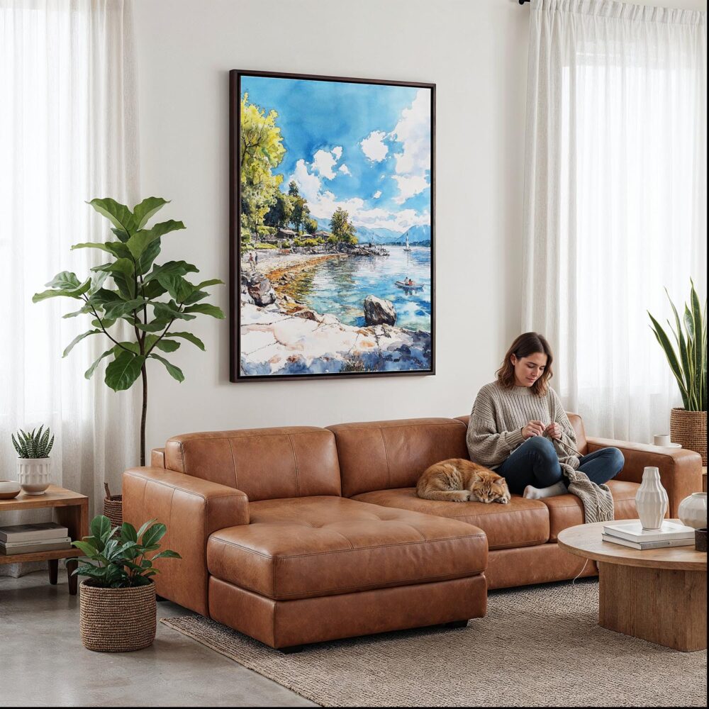 03 - Framed Lake Windermere - Watercolor 1 Canvas Print - Woman Knitting on leather couch - Vertical.jpg 03 - Framed Lake Windermere - Watercolor 1 Canvas Print - Woman Knitting on leather couch - Vertical.jpg
