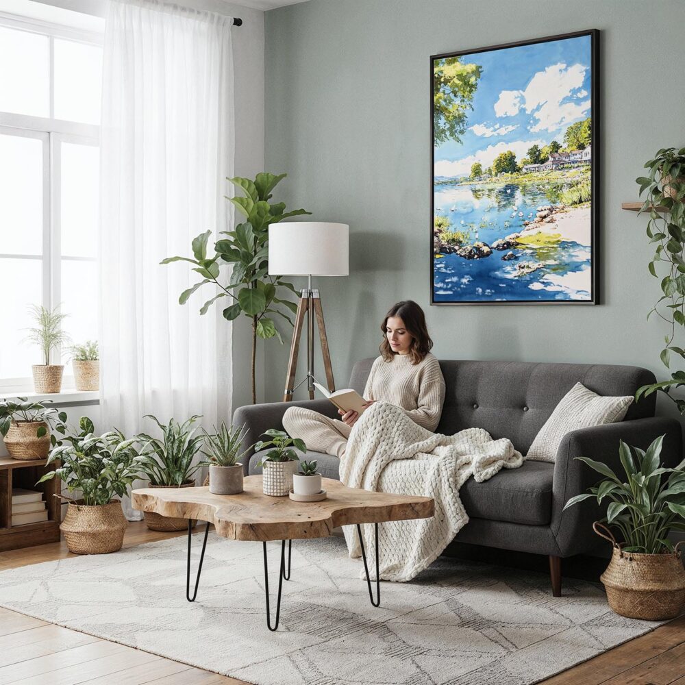 03 - Framed Lake Windermere - Watercolor 2 Canvas Print - Woman reading in Boho Living Room - Vertical.jpg 03 - Framed Lake Windermere - Watercolor 2 Canvas Print - Woman reading in Boho Living Room - Vertical.jpg