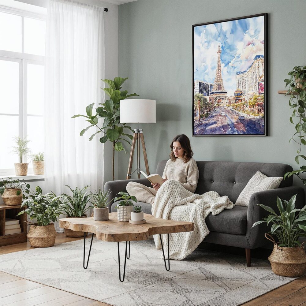 03 - Framed Las Vegas Watercolor Canvas Print - Woman reading in Boho Living Room - Vertical.jpg 03 - Framed Las Vegas Watercolor Canvas Print - Woman reading in Boho Living Room - Vertical.jpg