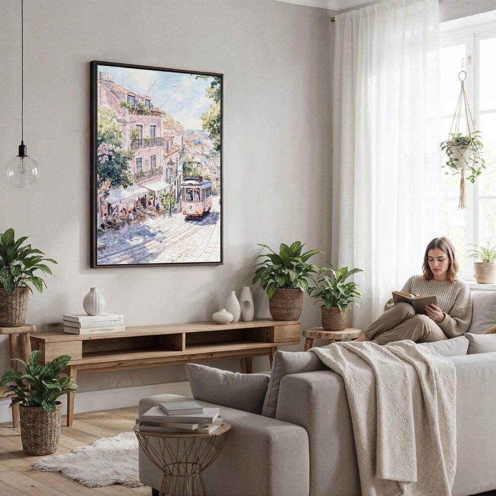 03 - Framed Lisbon 1 - Watercolor Canvas Print - Woman reading in modern Living Room - Vertical.jpg 03 - Framed Lisbon 1 - Watercolor Canvas Print - Woman reading in modern Living Room - Vertical.jpg