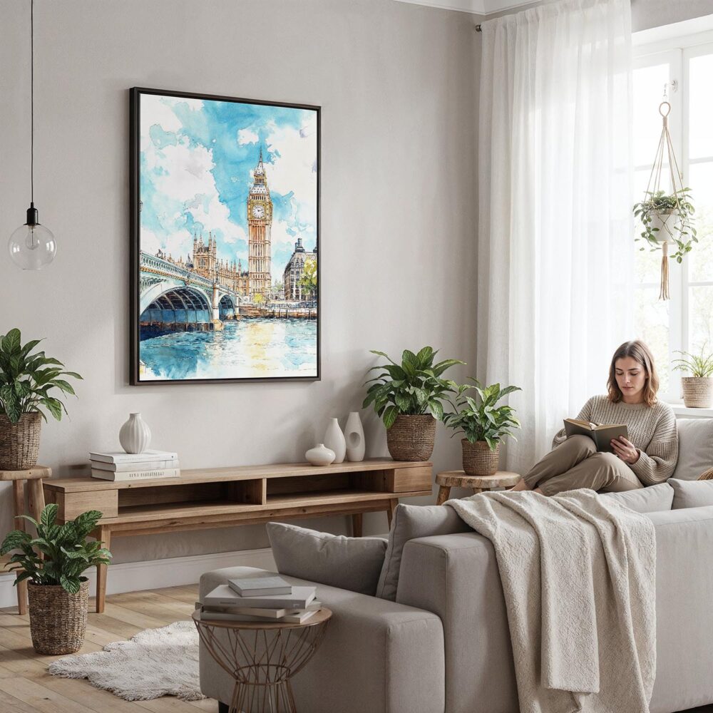 03 - Framed London Big Ben - Watercolor Canvas Print - Woman reading in modern Living Room - Vertical.jpg 03 - Framed London Big Ben - Watercolor Canvas Print - Woman reading in modern Living Room - Vertical.jpg