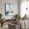 03 - Framed London Big Ben - Watercolor Canvas Print - Woman reading in modern Living Room - Vertical.jpg