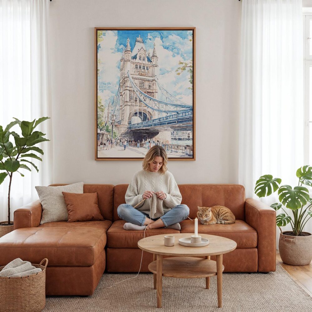 03 - Framed London Tower Bridge - Watercolor Canvas Print - Woman Knitting - Vertical.jpg 03 - Framed London Tower Bridge - Watercolor Canvas Print - Woman Knitting - Vertical.jpg