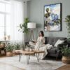 03 - Framed Los Angeles Downtown Watercolor Canvas Print - Woman reading in Boho Living Room - Vertical.jpg