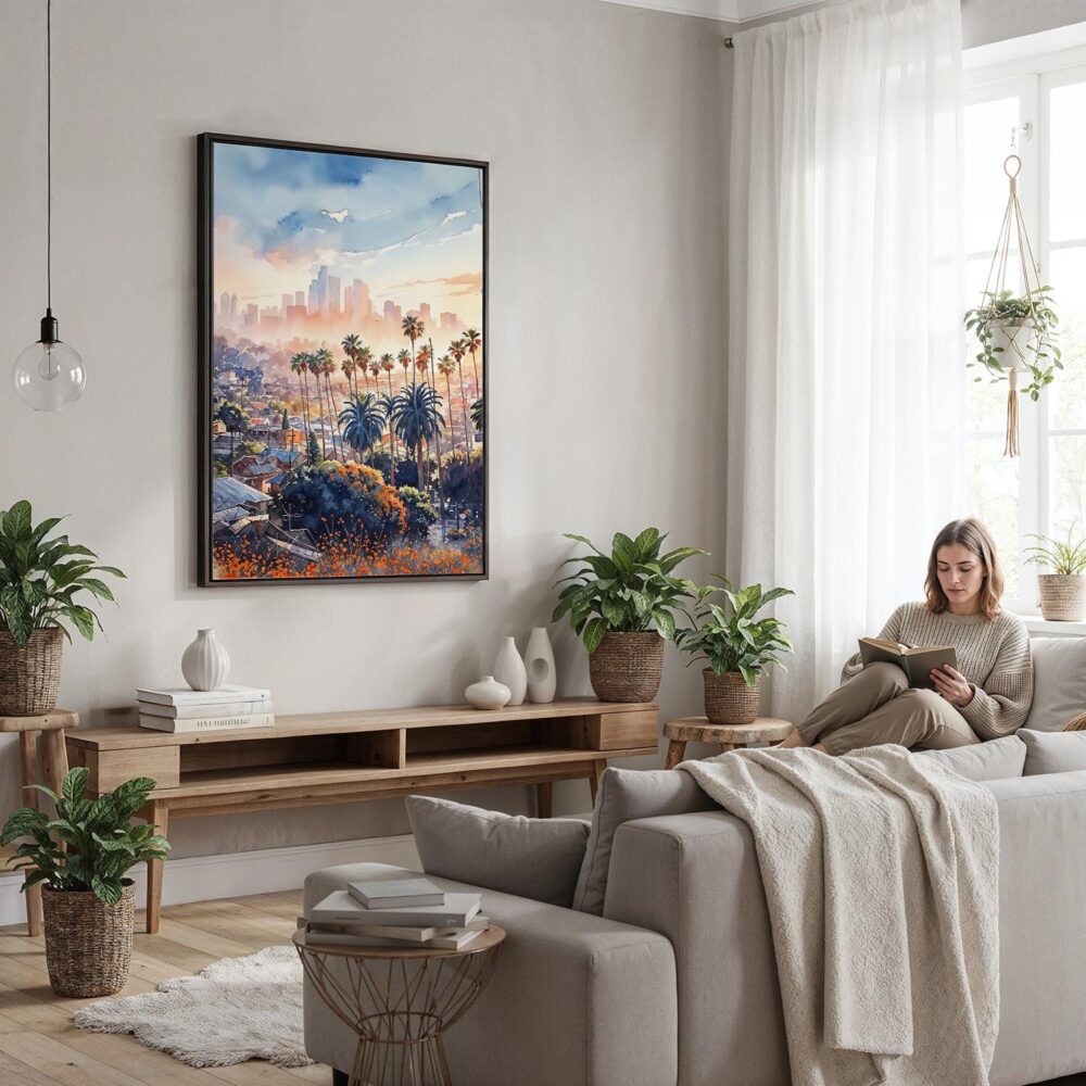 03 - Framed Los Angeles Skyline Watercolor Canvas Print - Woman reading in modern Living Room - Vertical.jpg 03 - Framed Los Angeles Skyline Watercolor Canvas Print - Woman reading in modern Living Room - Vertical.jpg
