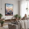 03 - Framed Los Angeles Skyline Watercolor Canvas Print - Woman reading in modern Living Room - Vertical.jpg
