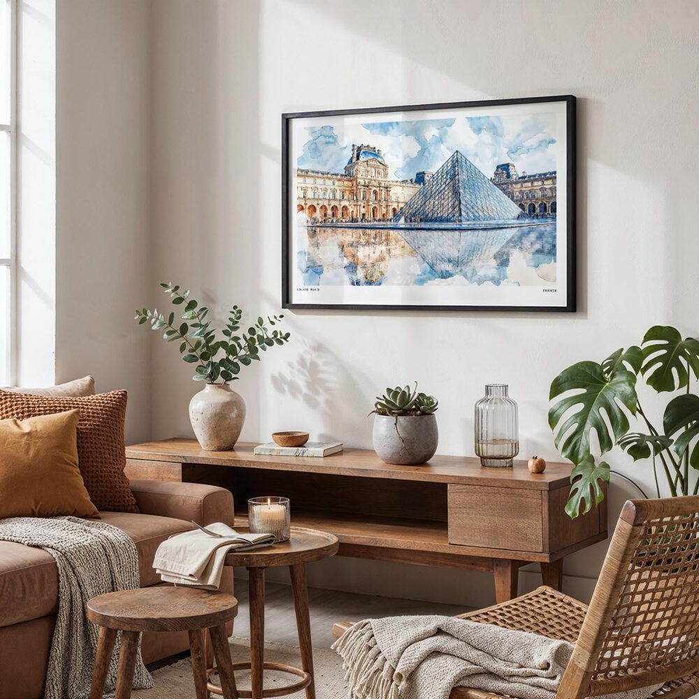 03 - Framed Louvre Watercolor - Horizontal Art Print in Boho Living Room.jpg 03 - Framed Louvre Watercolor - Horizontal Art Print in Boho Living Room.jpg