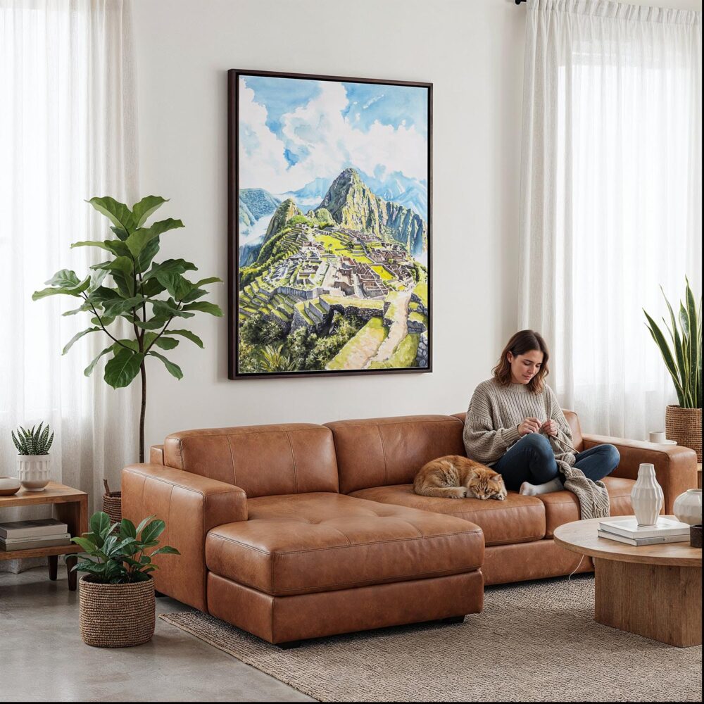 03 - Framed Machu Picchu Watercolor Canvas Print - Woman Knitting on leather couch - Vertical.jpg 03 - Framed Machu Picchu Watercolor Canvas Print - Woman Knitting on leather couch - Vertical.jpg