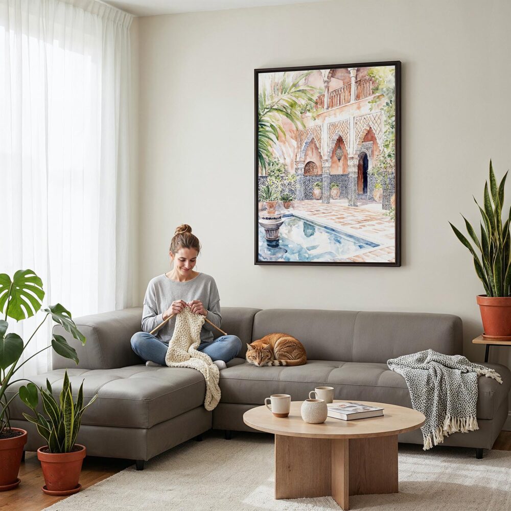 03 - Framed Marrakesh Morroco Backyard Watercolor Canvas Print - Woman Knitting on grey couch - Vertical.jpg 03 - Framed Marrakesh Morroco Backyard Watercolor Canvas Print - Woman Knitting on grey couch - Vertical.jpg