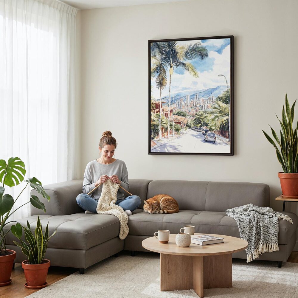 03 - Framed Medellin Colombia Watercolor Canvas Print - Woman Knitting on grey couch - Vertical.jpg 03 - Framed Medellin Colombia Watercolor Canvas Print - Woman Knitting on grey couch - Vertical.jpg