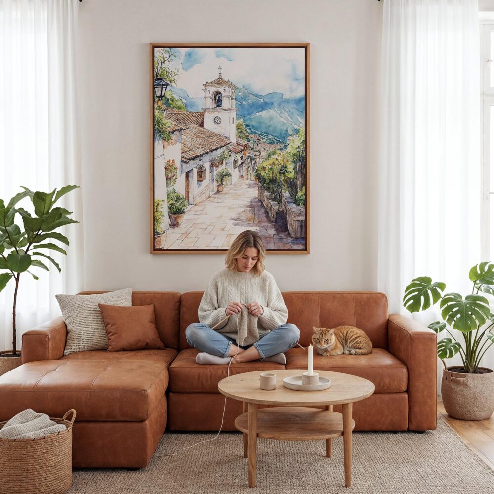 03 - Framed Medellin Old Town Watercolor Canvas Print - Woman Knitting - Vertical.jpg 03 - Framed Medellin Old Town Watercolor Canvas Print - Woman Knitting - Vertical.jpg